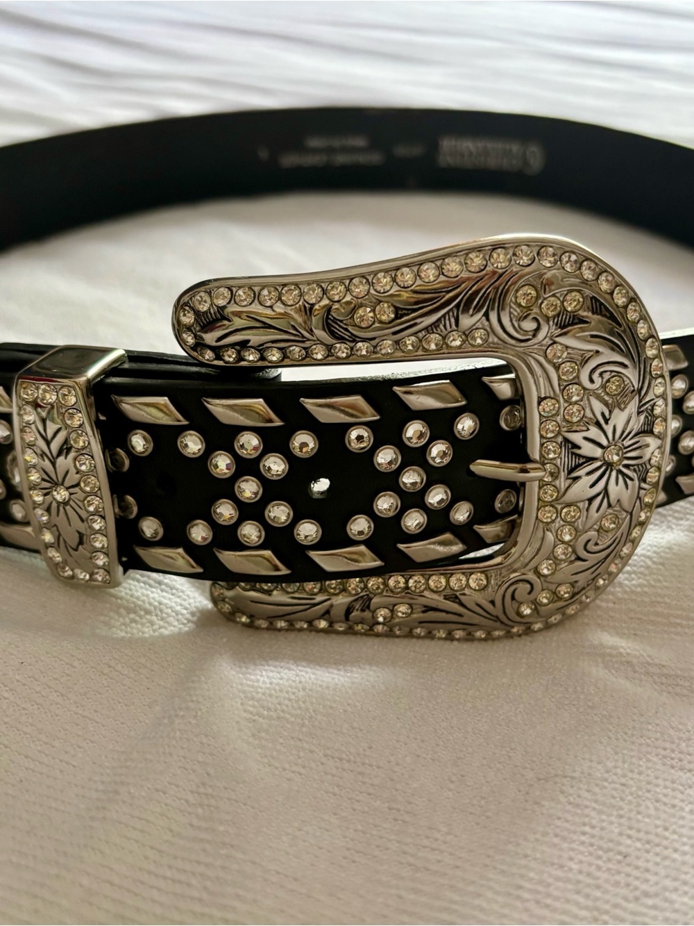 Christine Alexander Black Studded Western Buckle Belt with Crystal Accents